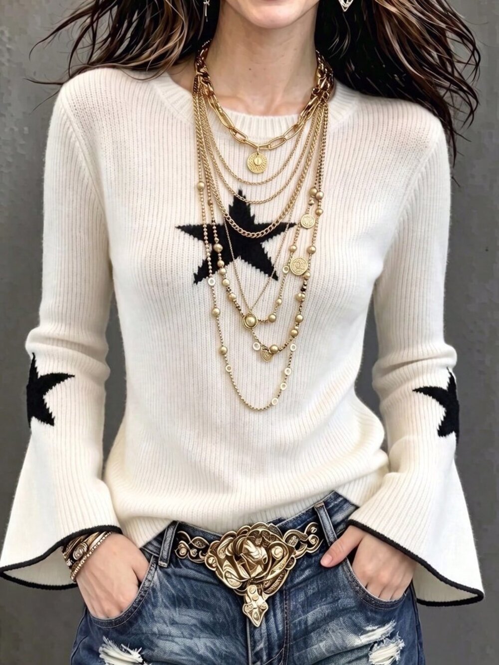 Beige Casual Women's Long Sleeve Jacquard Contrast Trim Trumpet Pullover